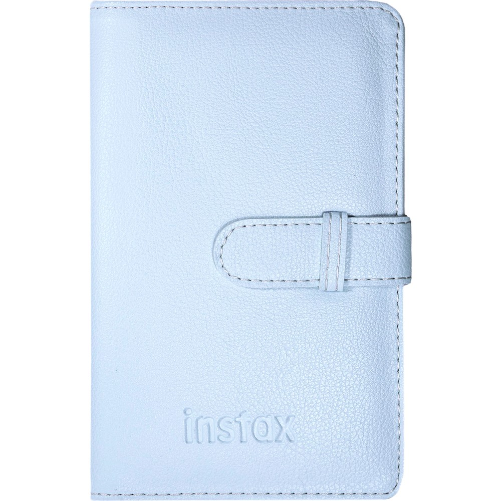 Instax logolu, kayışlı açık mavi kılıf.