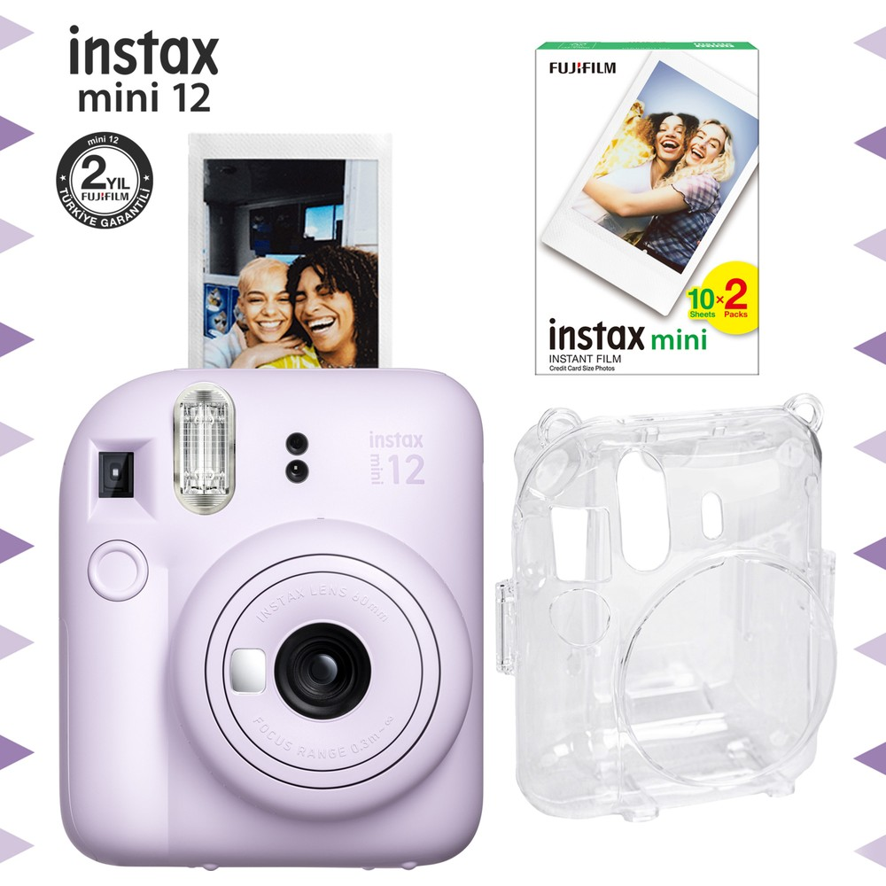 Lavanta rengi Instax Mini 12 kamera, fotoğraf, film paketi ve kılıf.