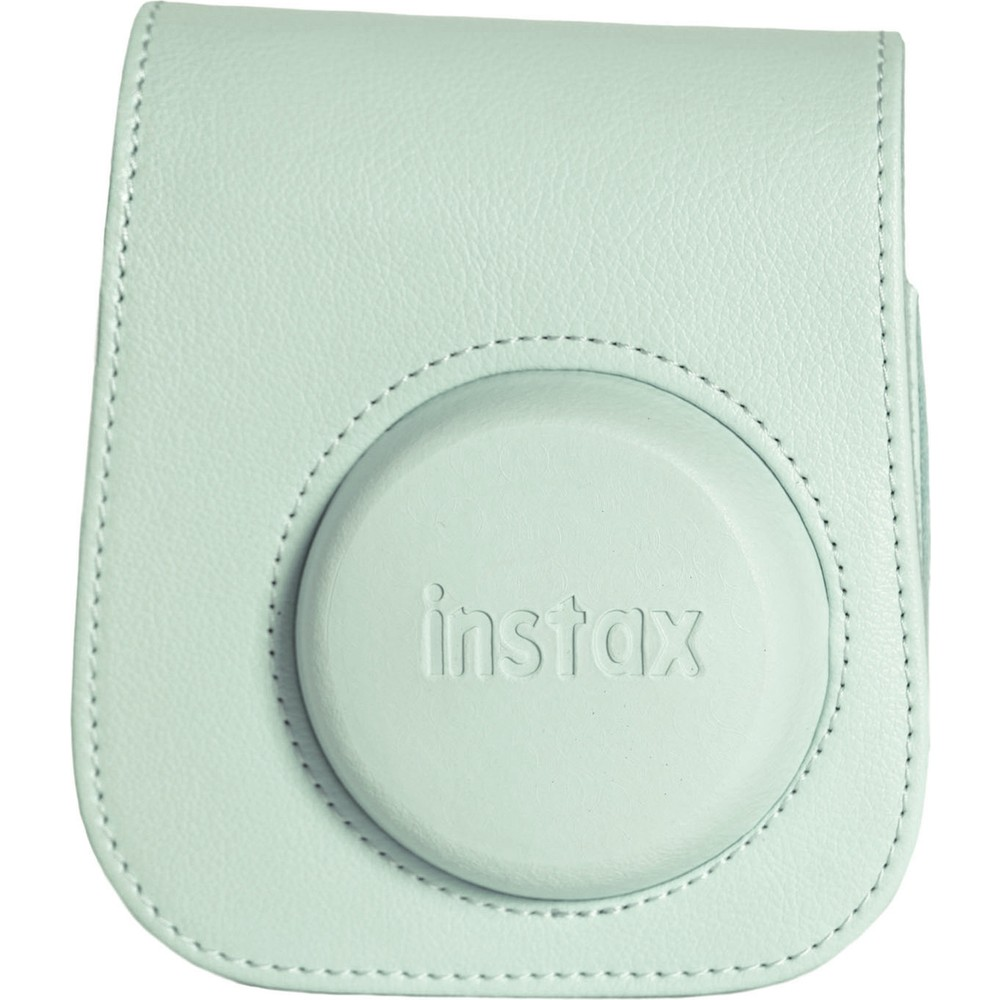 Kabartmalı Instax logosuna sahip, açık nane yeşili deri Instax kamera çantası.
