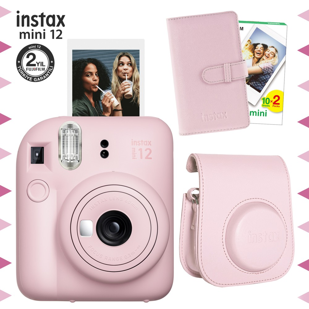 Pembe Instax Mini 12 anlık kamera seti kılıf ve film ile.
