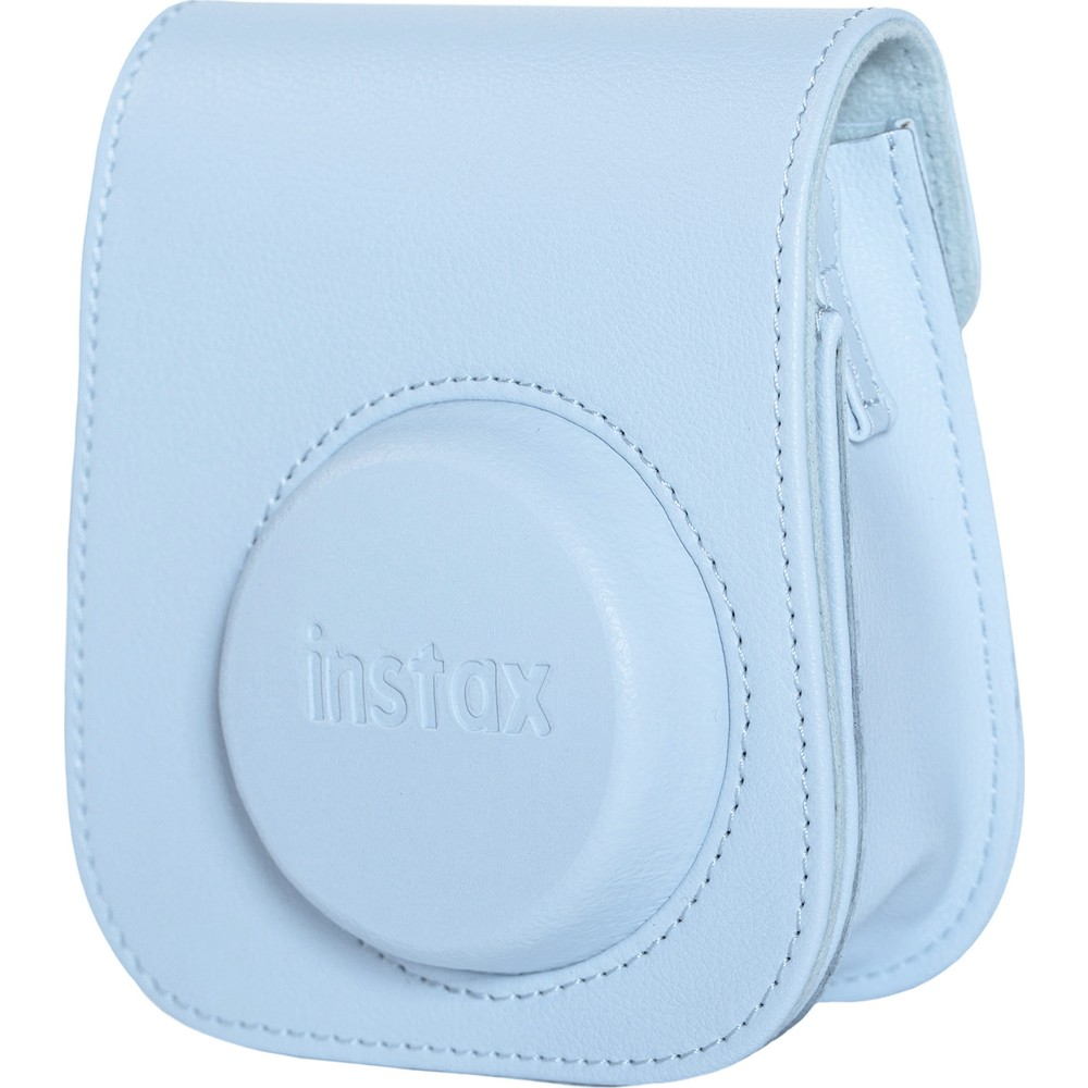 Kabartmalı Instax logolu açık mavi deri anlık kamera kılıfı.