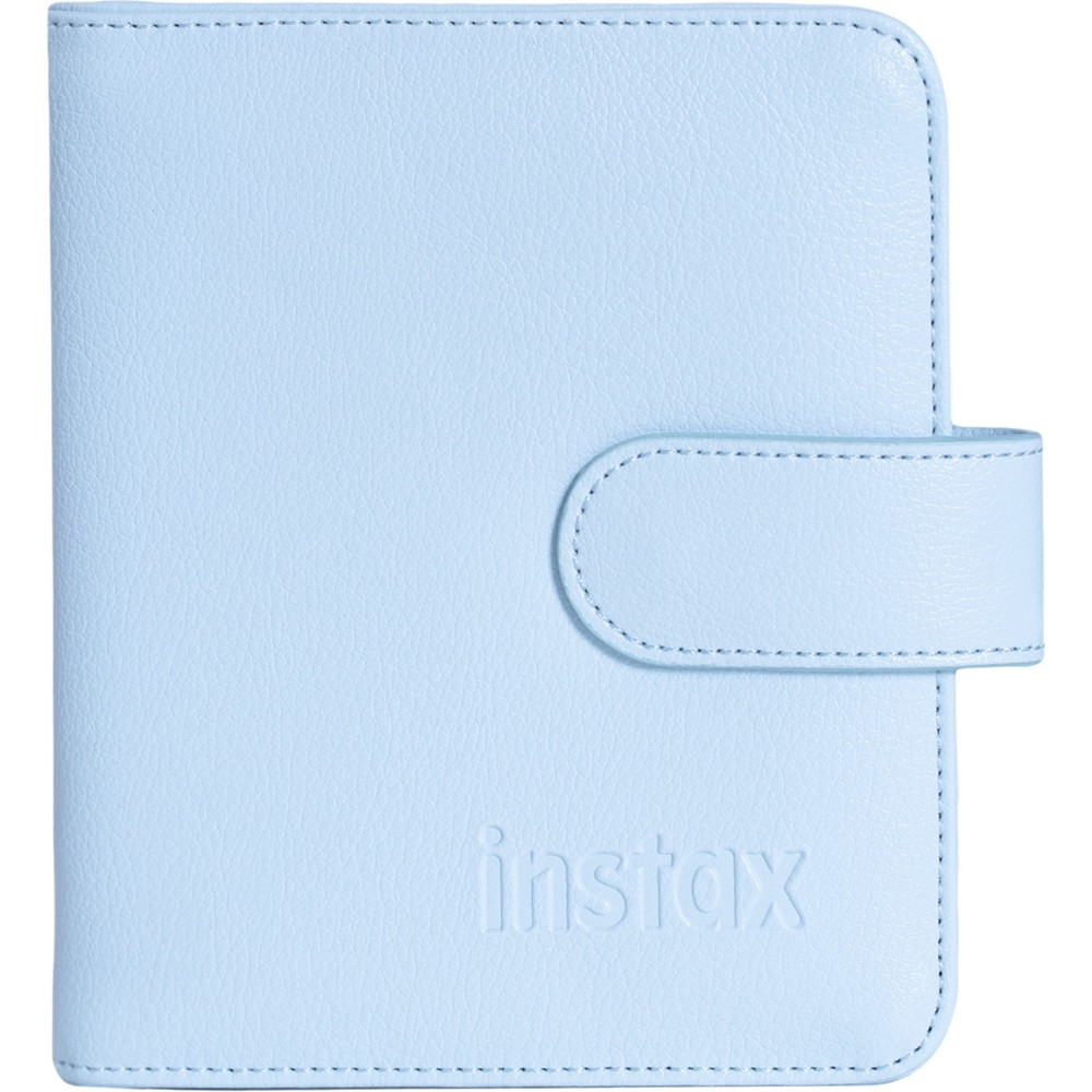 Açılır kapanır kapaklı, "instax" kabartmalı açık mavi deri çanta.