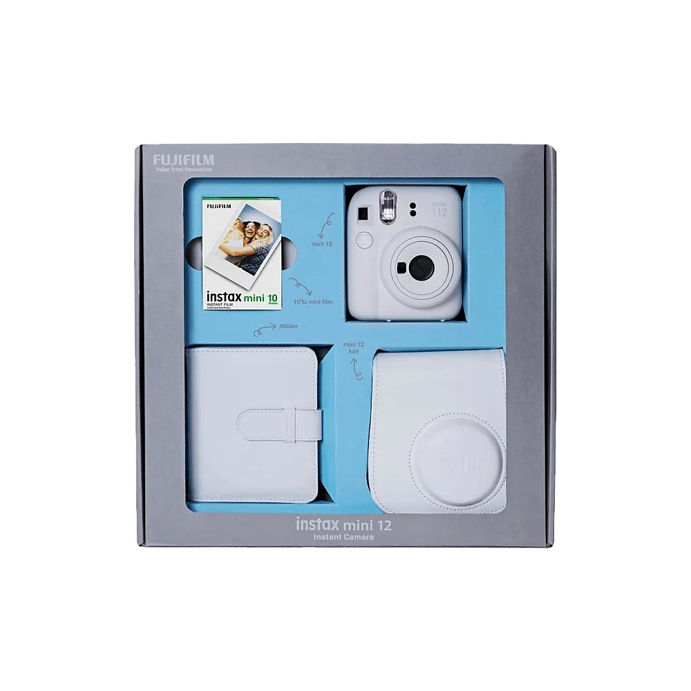 Film, albüm ve kılıf içeren beyaz Fujifilm Instax Mini 12 anında kamera seti.
