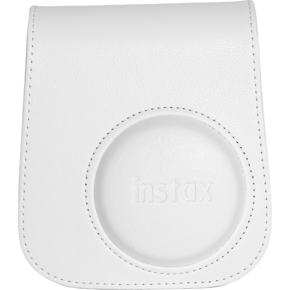 Kabartmalı "instax" yazılı beyaz deri anında fotoğraf makinesi çantası.
