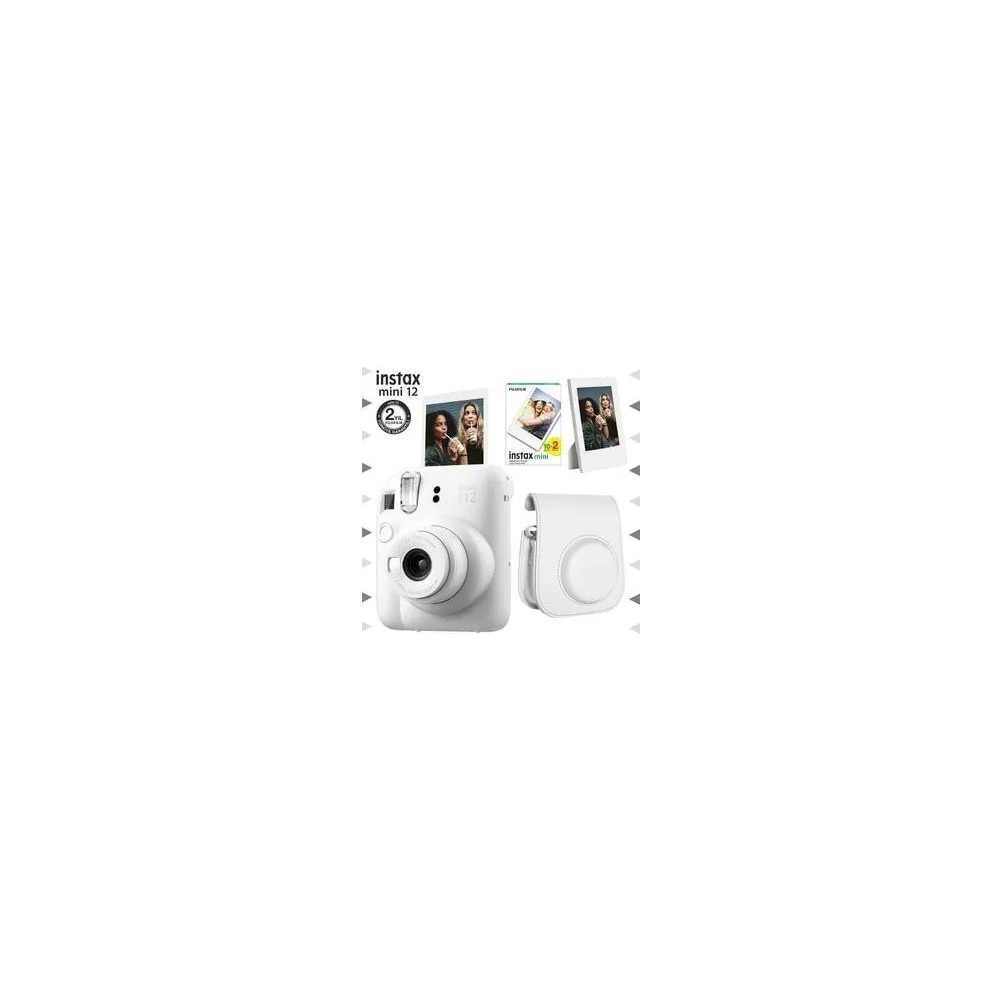 Beyaz Instax Mini 12 anlık kamera, kılıfı ve fotoğraflarıyla.