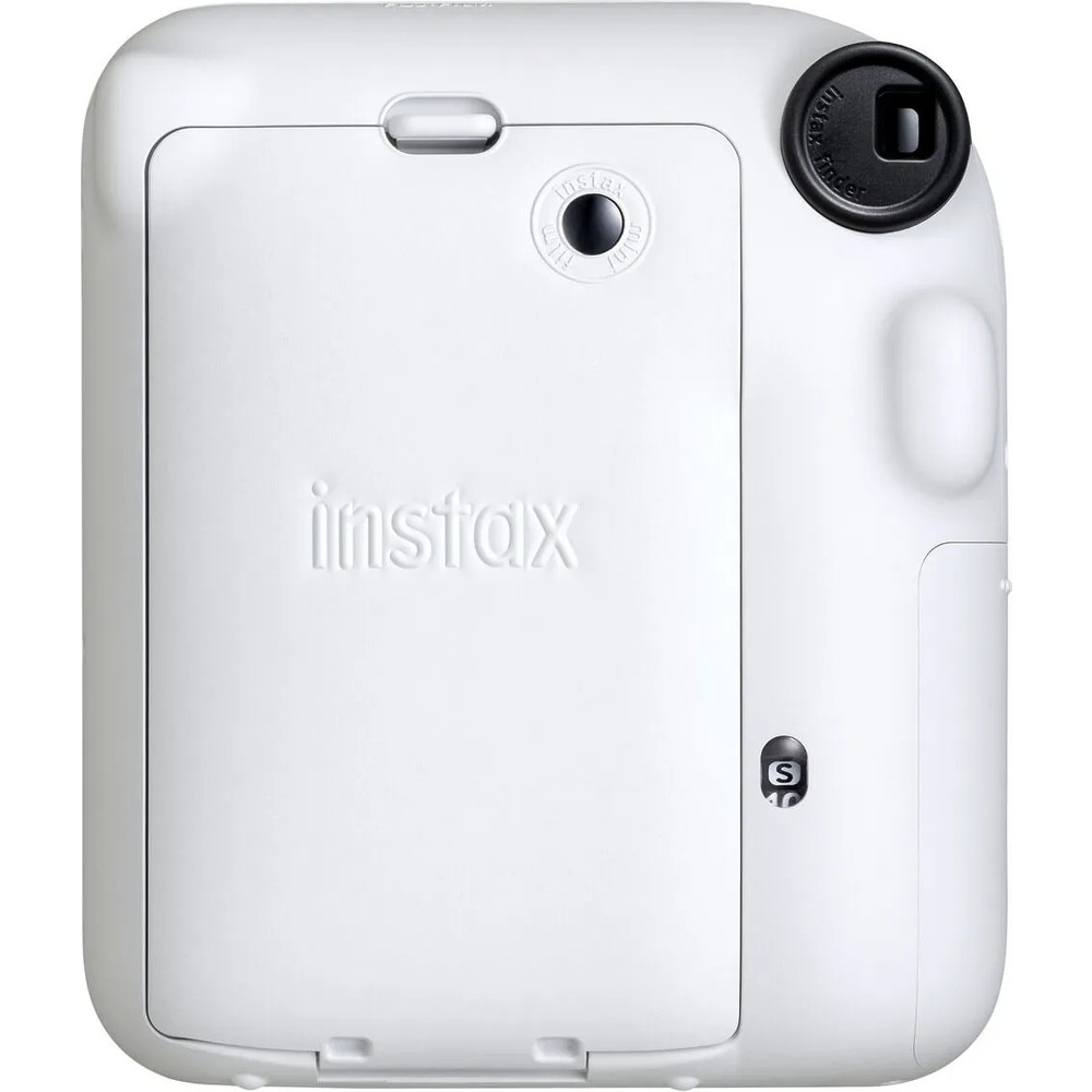 Beyaz 'instax' logolu ve vizörlü anında fotoğraf makinesi.