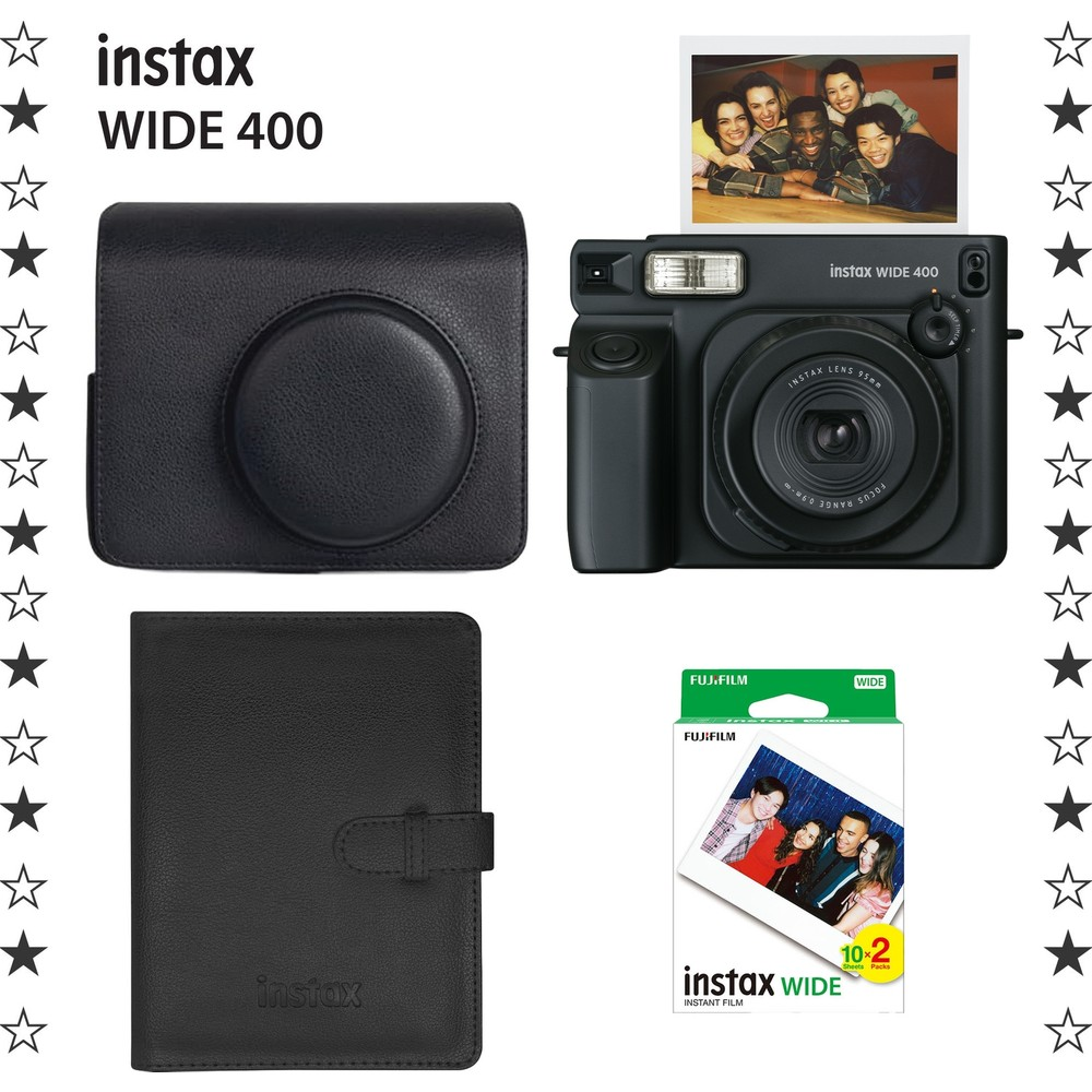 Instax Wide 400 kamera aksesuarlarıyla: siyah kılıf, fotoğraf albümü ve film paketi.