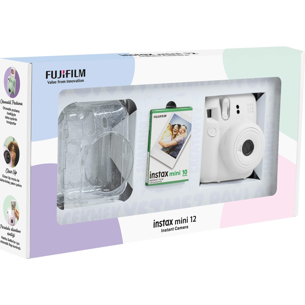 Berrak simli kılıf ve filmle beyaz Fujifilm Instax Mini 12 anında kamera.