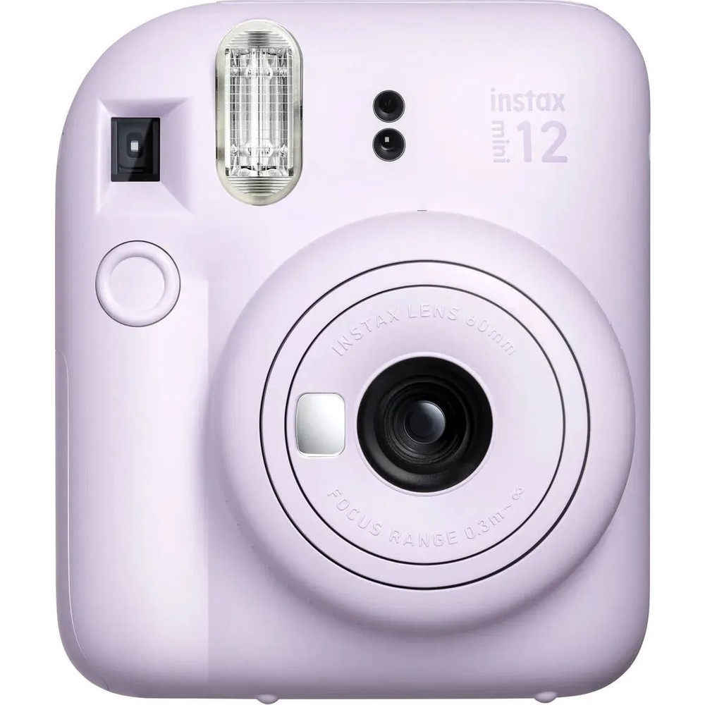 Lensli ve flaşlı açık mor Instax 12 anlık fotoğraf makinesi.