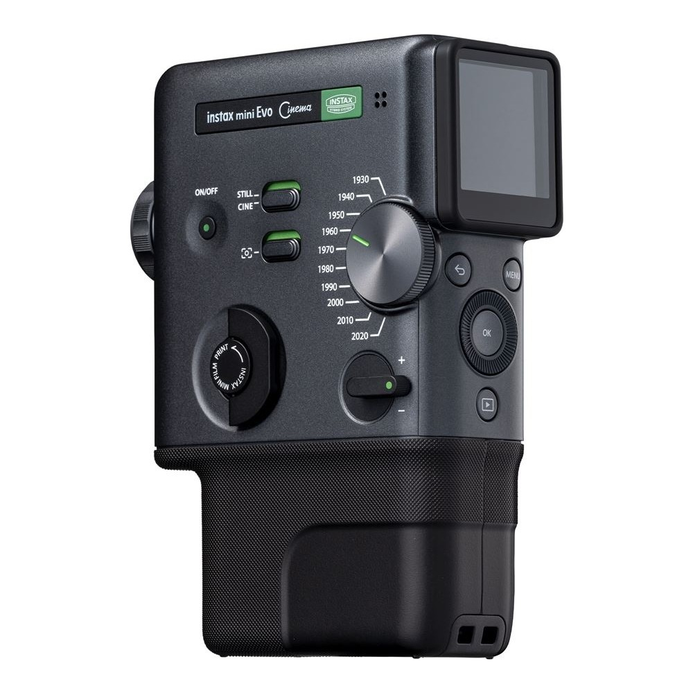 Siyah bir Instax Mini Evo kamera, tutamaklı, düğmeli ve kadranlı.
