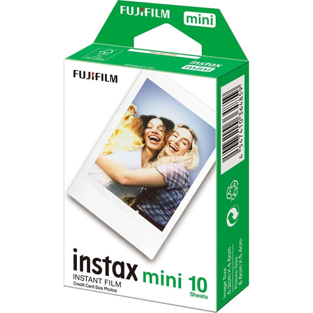 Önünde iki gülen kadın bulunan Fujifilm Instax Mini 10 anında film kutusu.
