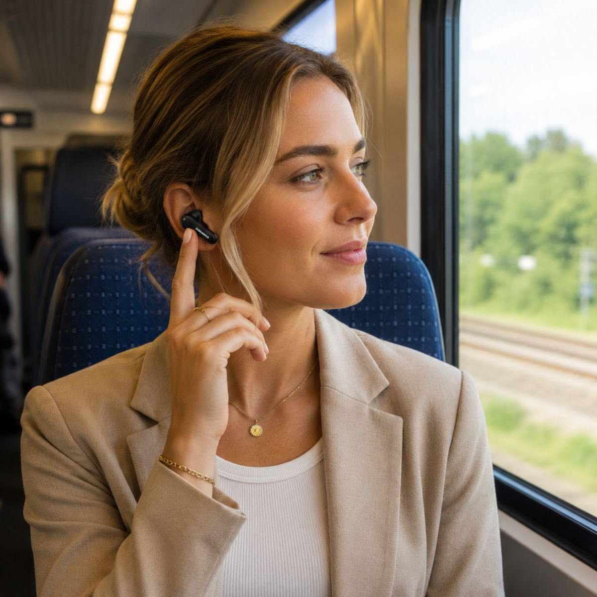 Frau mit Kopfhörern im Zug, blickt aus dem Fenster auf grüne Bäume.