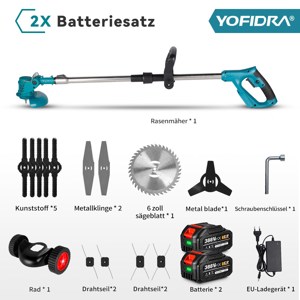 Ein Rasenmäher-Set mit Werkzeugen, Klingen und Batterien.