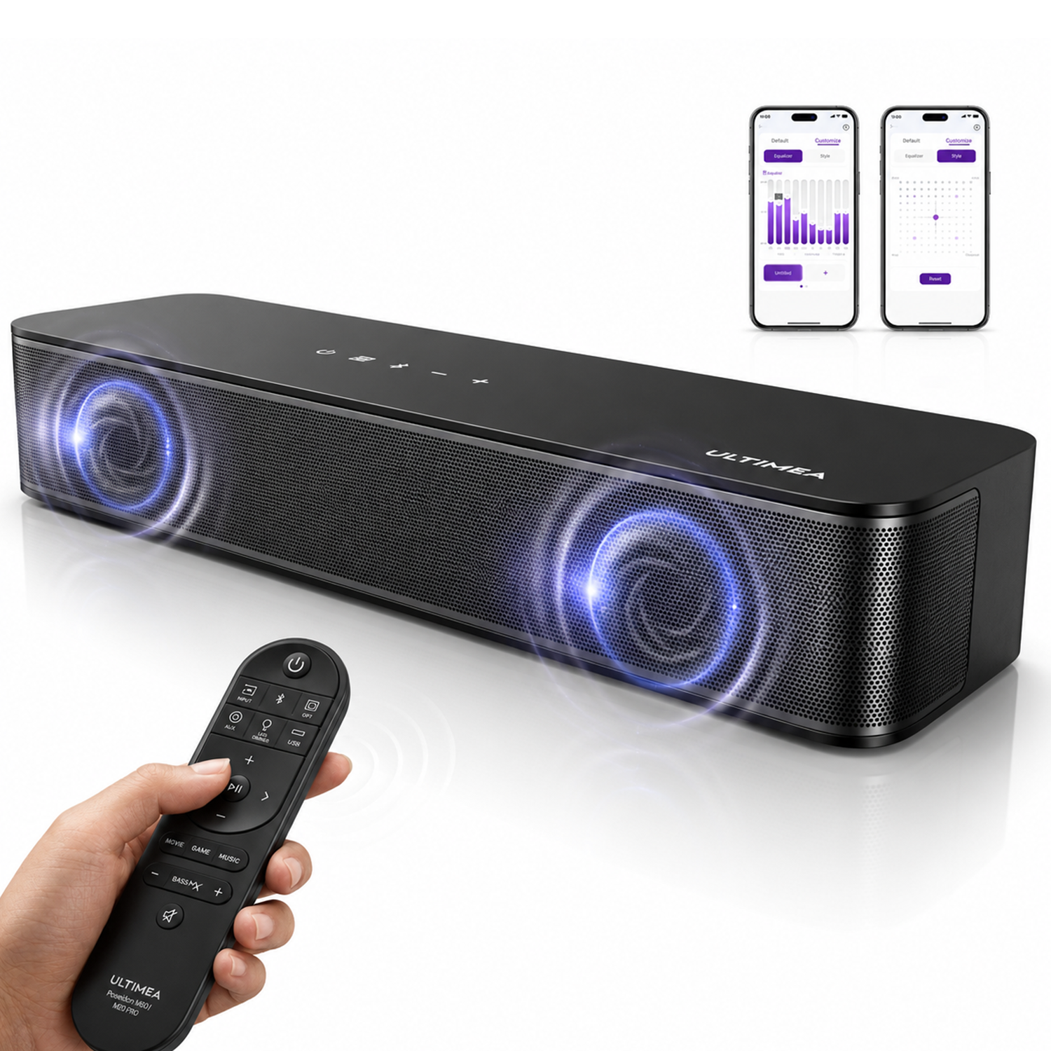 Schwarzer ULTIMEA Soundbar mit Fernbedienung und zwei Handy-Screens.