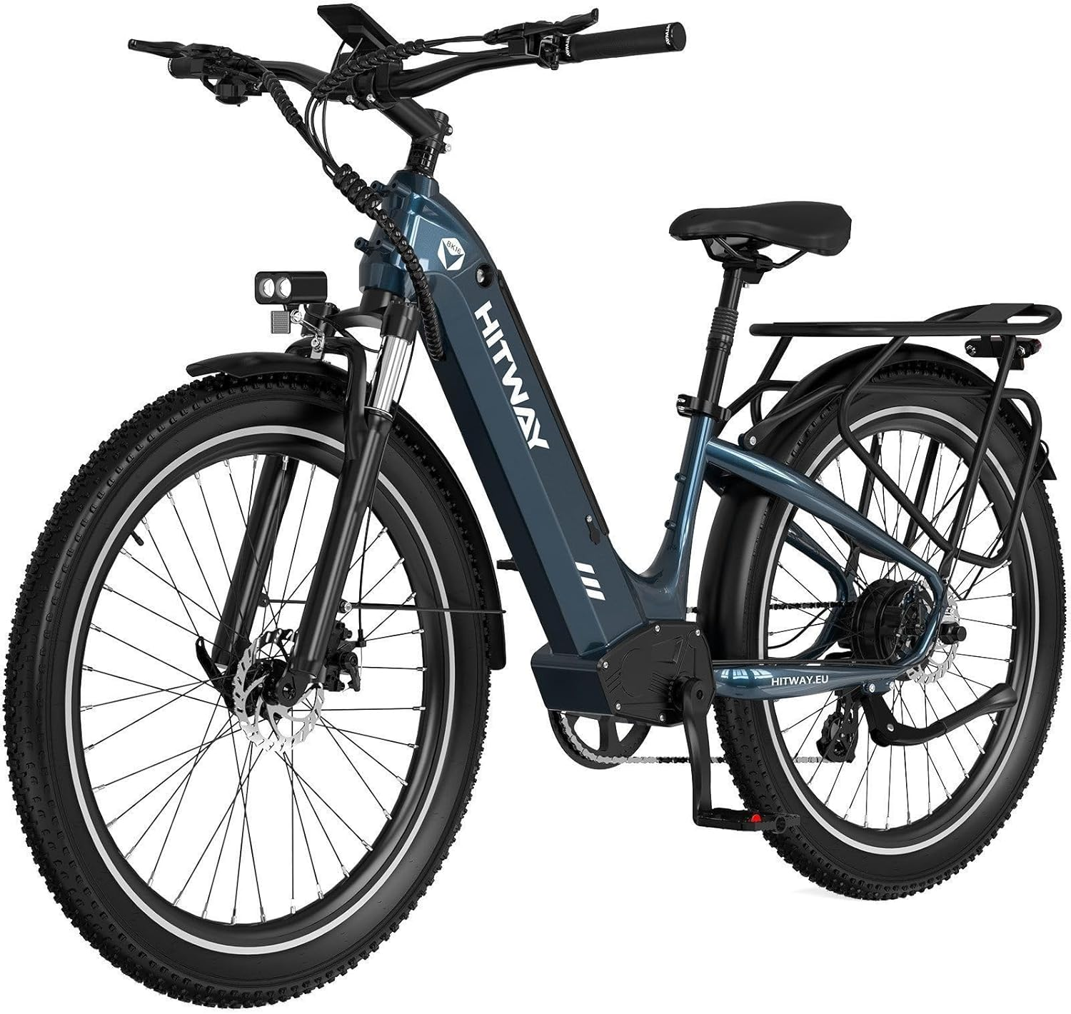 Una bicicletta elettrica blu con pneumatici spessi, luce anteriore e portapacchi.