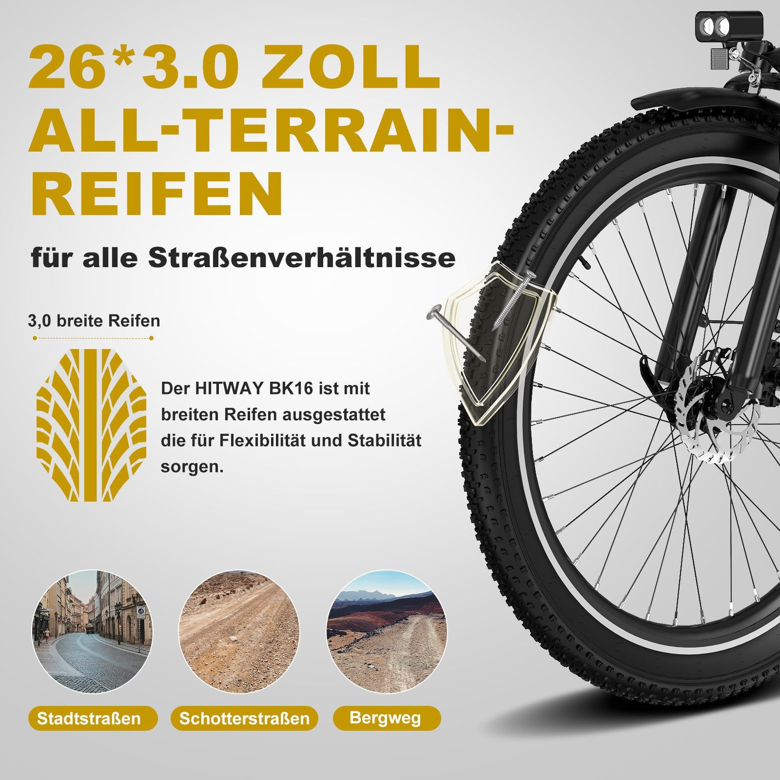 26x3.0 All-Terrain Reifen für alle Straßenverhältnisse mit drei Beispielbildern.