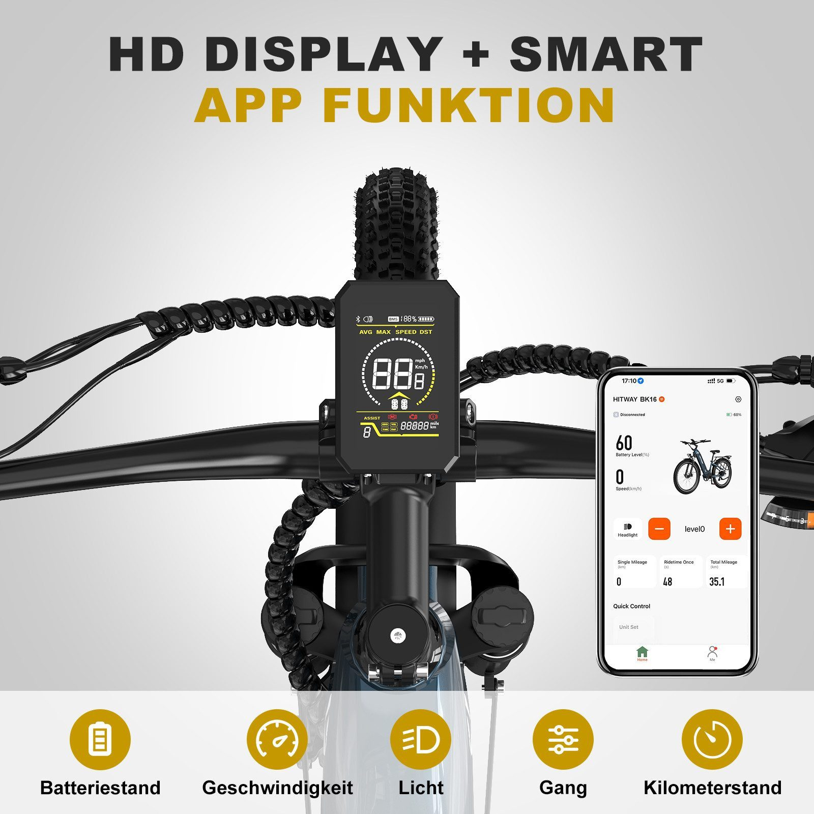 E-Bike-Display und Smartphone-App zeigen Geschwindigkeit, Akku und Fahrdaten.