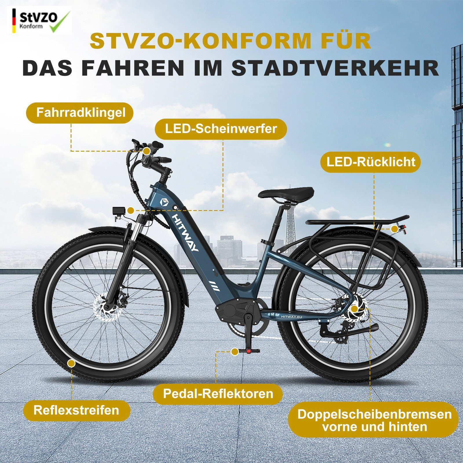 Blaues E-Bike mit Beleuchtung, Klingel, Reflektoren und Scheibenbremsen.