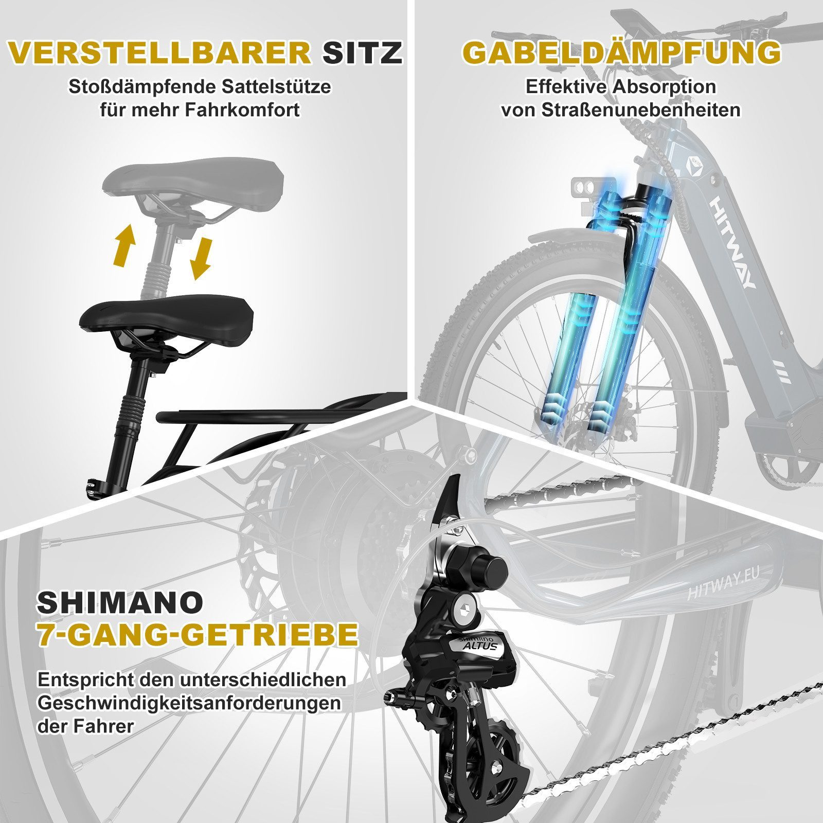 Fahrrad-Komponenten: verstellbarer Sitz, Gabeldämpfung, Shimano 7-Gang-Getriebe.
