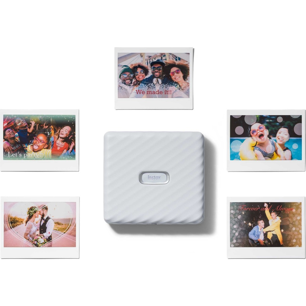 Beş anlık fotoğrafla çevrelenmiş beyaz bir Instax yazıcı.