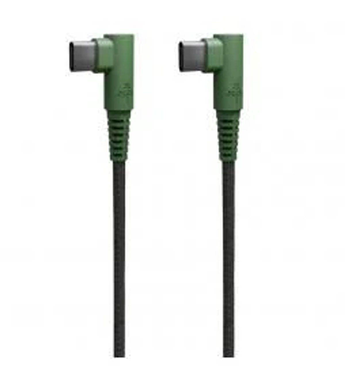 Dos cables USB-C verdes con conectores en ángulo sobre fondo blanco.