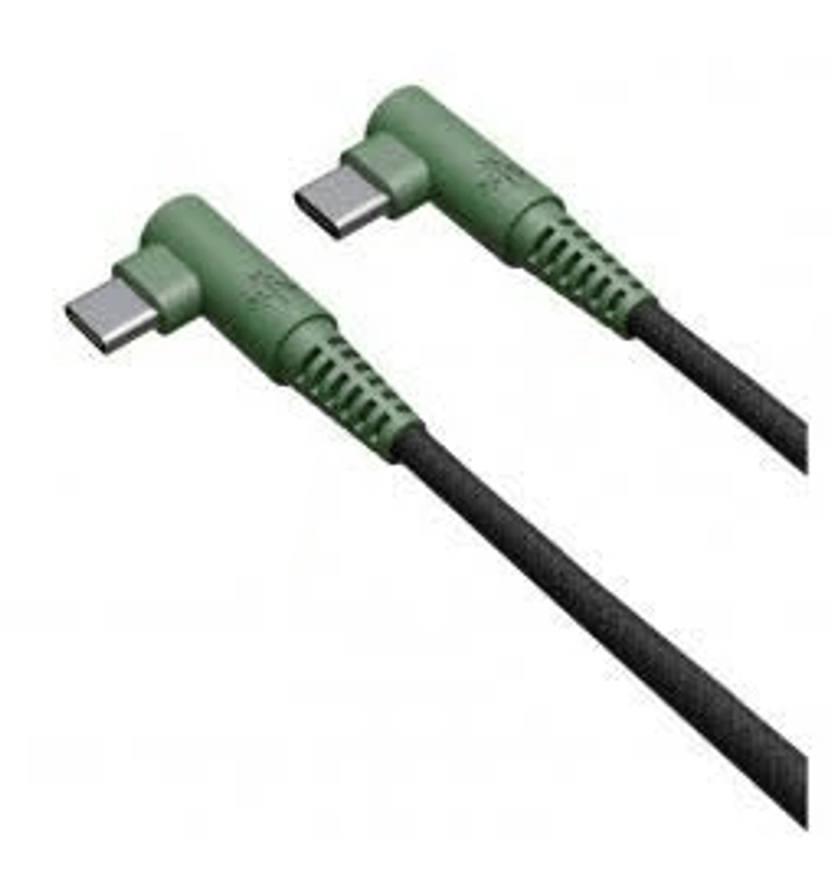 Dos cables USB-C verdes con conectores en ángulo sobre fondo blanco.