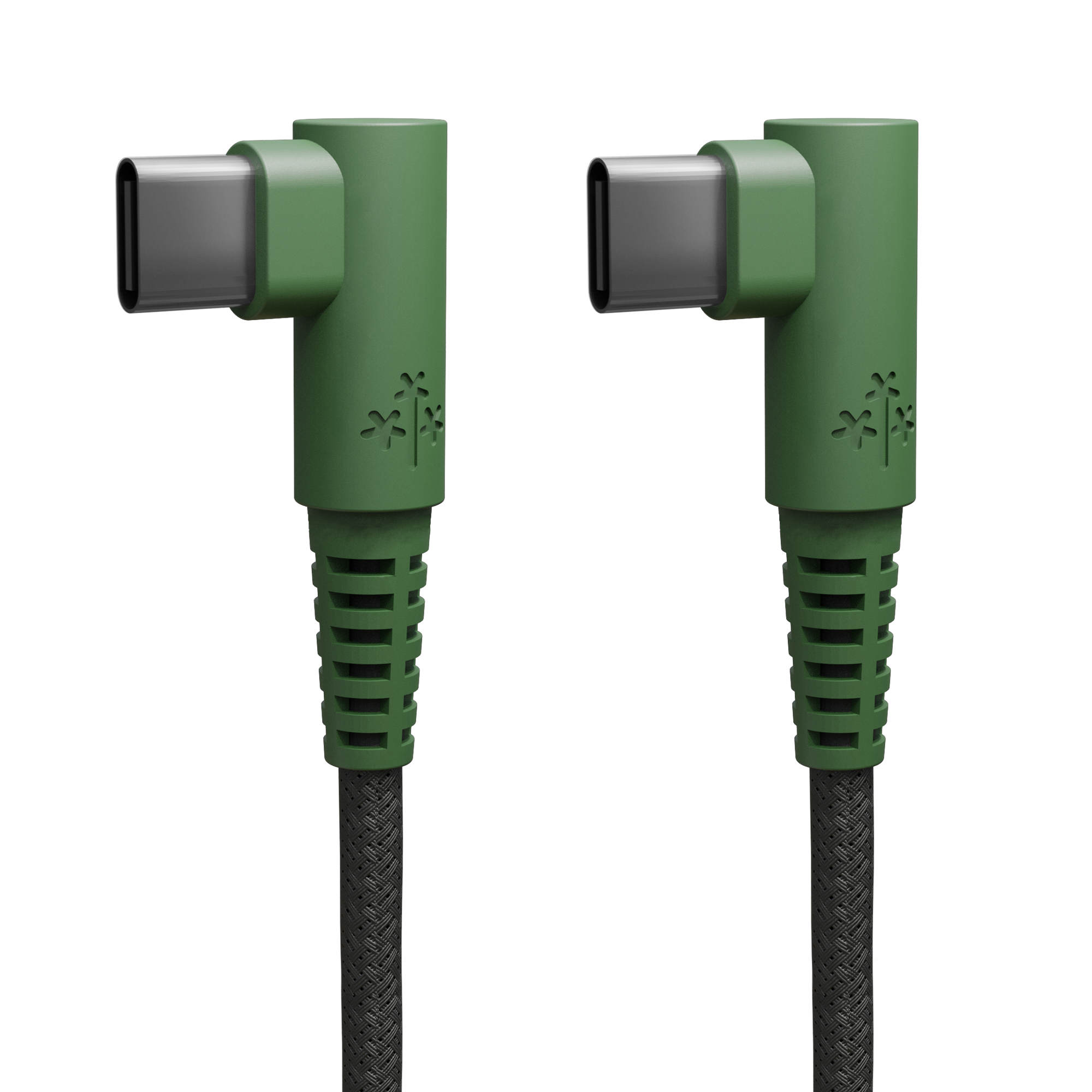 Dos cables USB-C verdes en ángulo de 90 grados con trenzado negro.