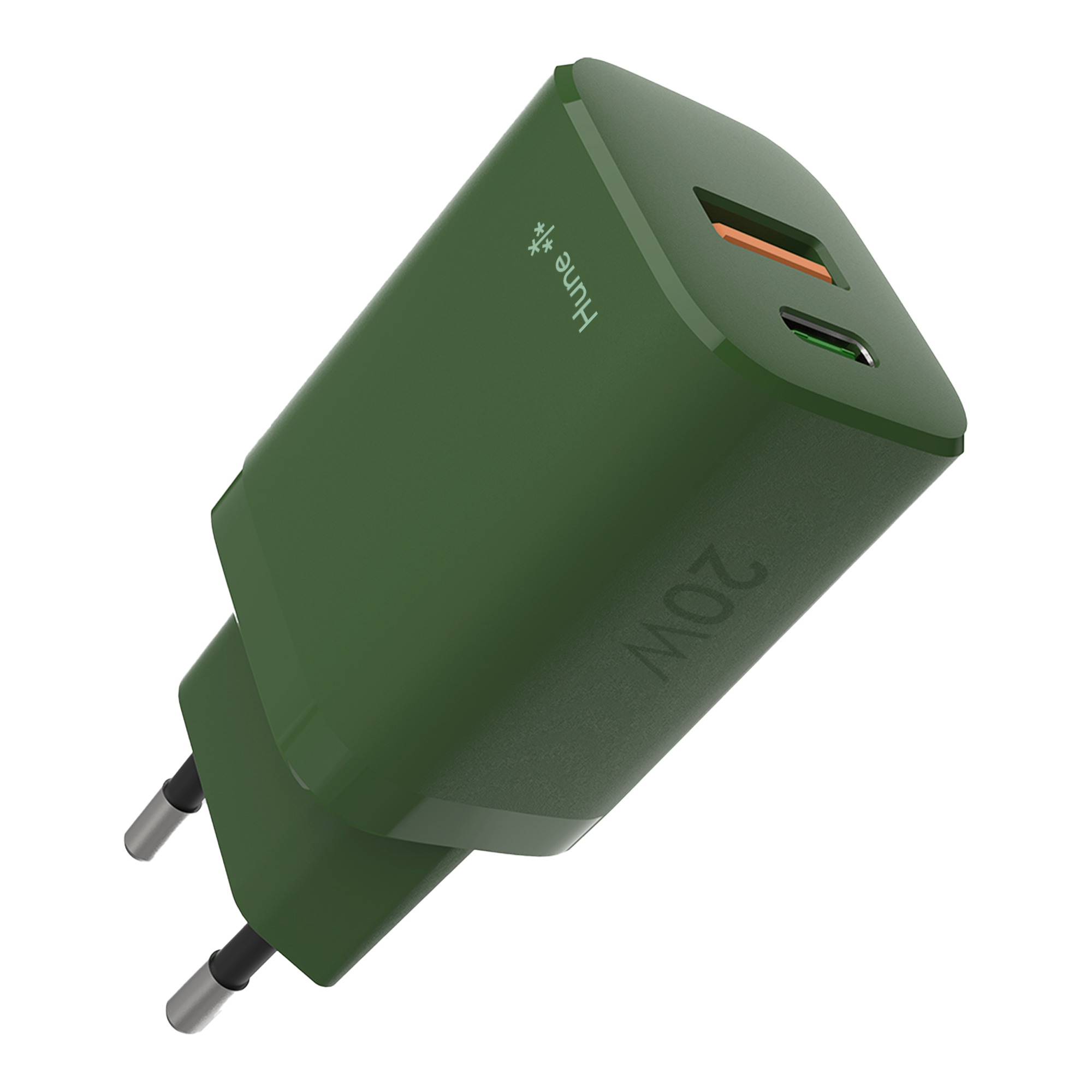Adaptador de carga verde de 20W con dos puertos y enchufe UE.