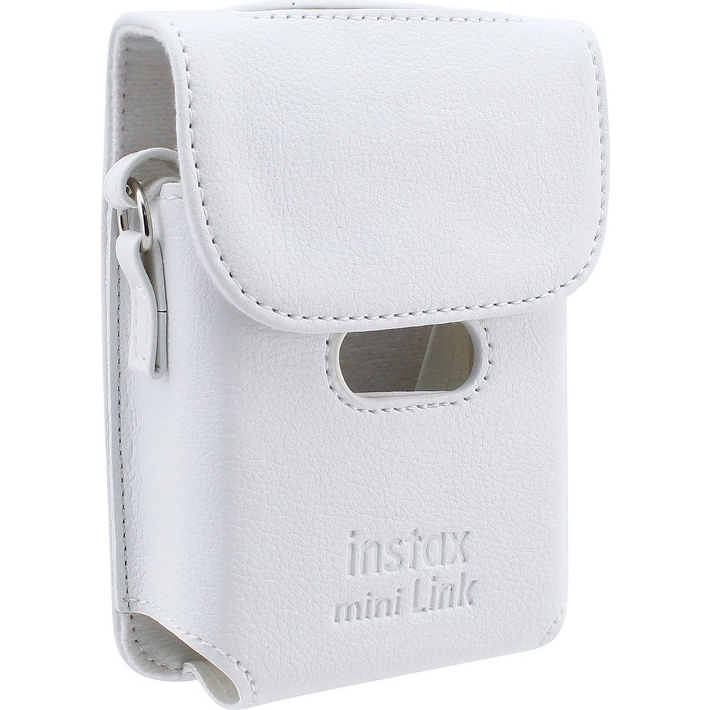 Instax Mini Link için beyaz deri çanta, askılı ve kesimli.