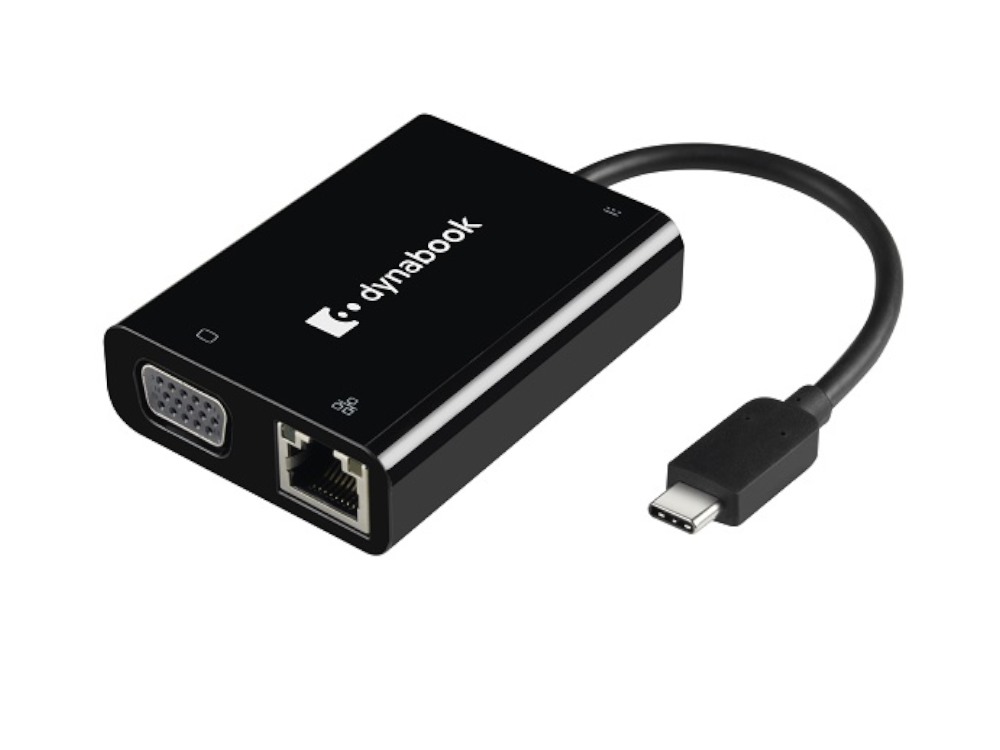 Czarny adapter Dynabook USB-C z portami VGA, Ethernet i kablem USB-C.