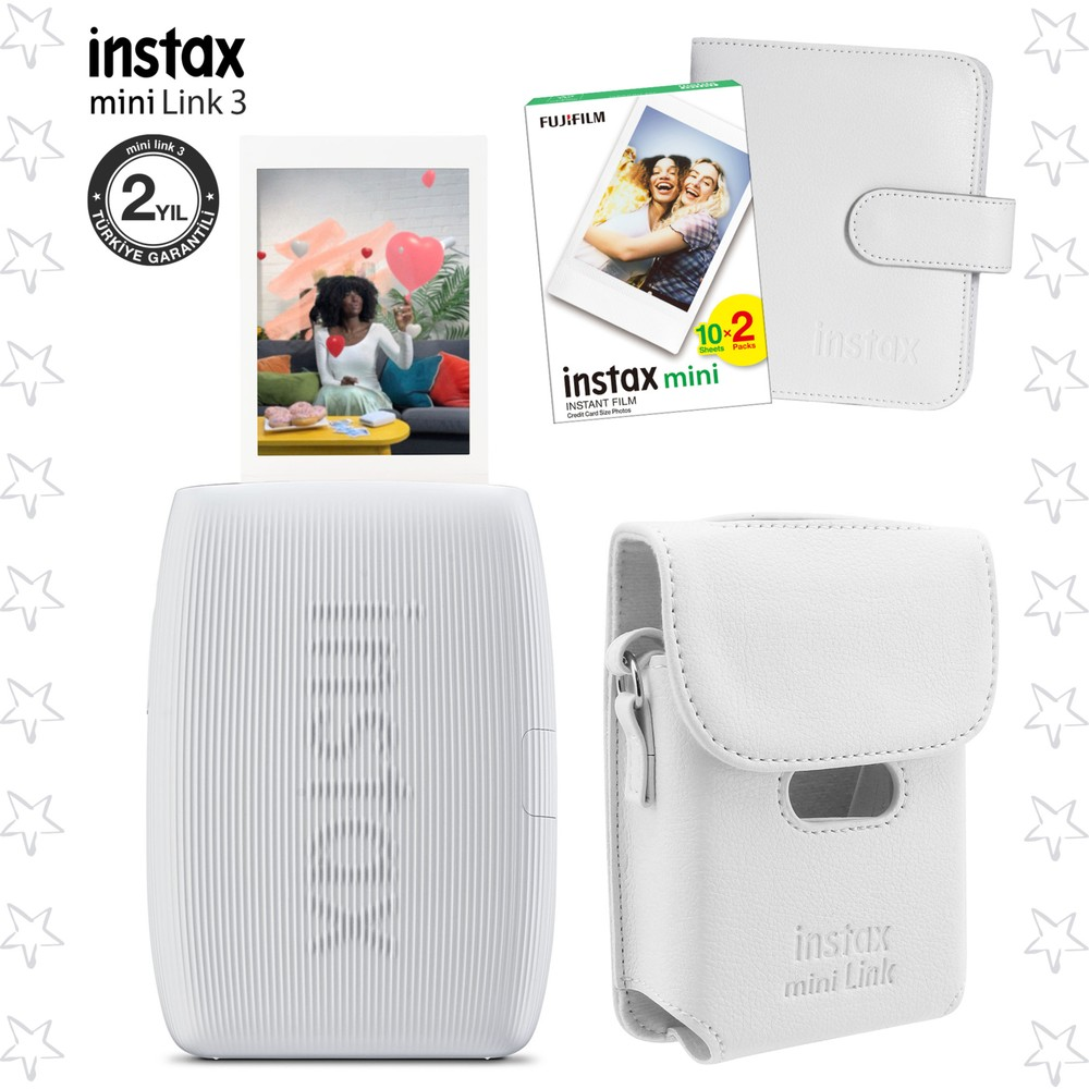 Beyaz Instax Mini Link 3 yazıcı, film paketi ve yıldız desenli kılıf.