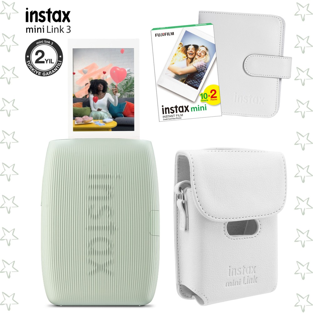Instax Mini Link 3 yazıcı, film, kılıf ve bir kadın fotoğrafı.
