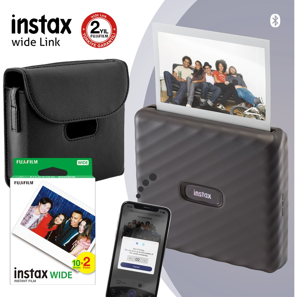 Instax Wide Link yazıcı, kılıf, film paketi ve akıllı telefon uygulama ekranı.