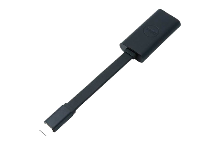 Czarny adapter Dell z kablem wychodzącym z obudowy.