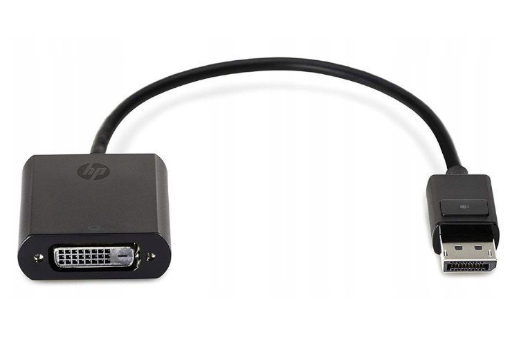 Czarny kabel adaptera HP ze złączem DVI na DisplayPort na białym tle.