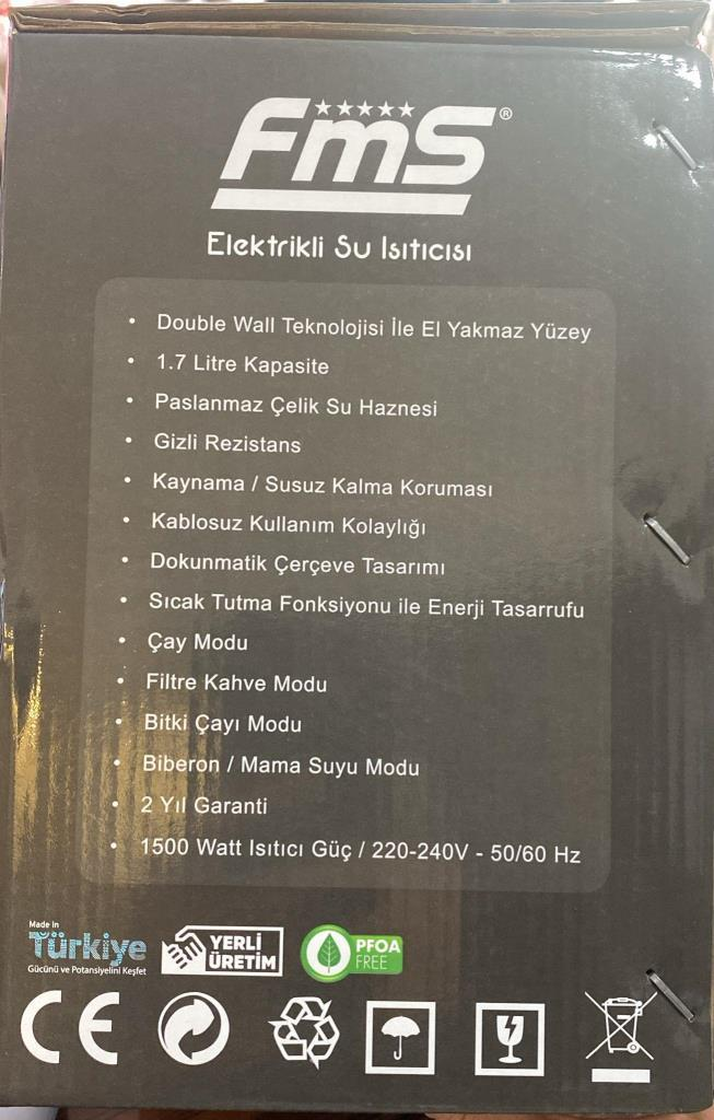 FMS logolu, özellikler ve teknik detaylar listelenen elektrikli su ısıtıcı kutusu.
