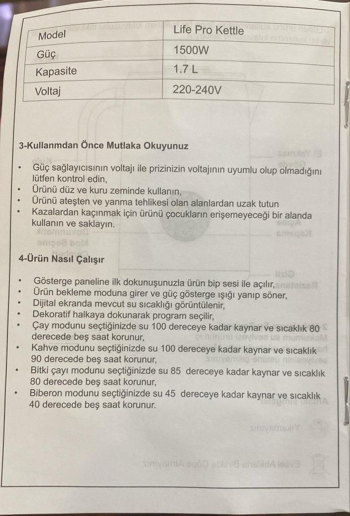 Su Isıtıcı özellikleri: 1500W, 1,7L, 220-240V.
