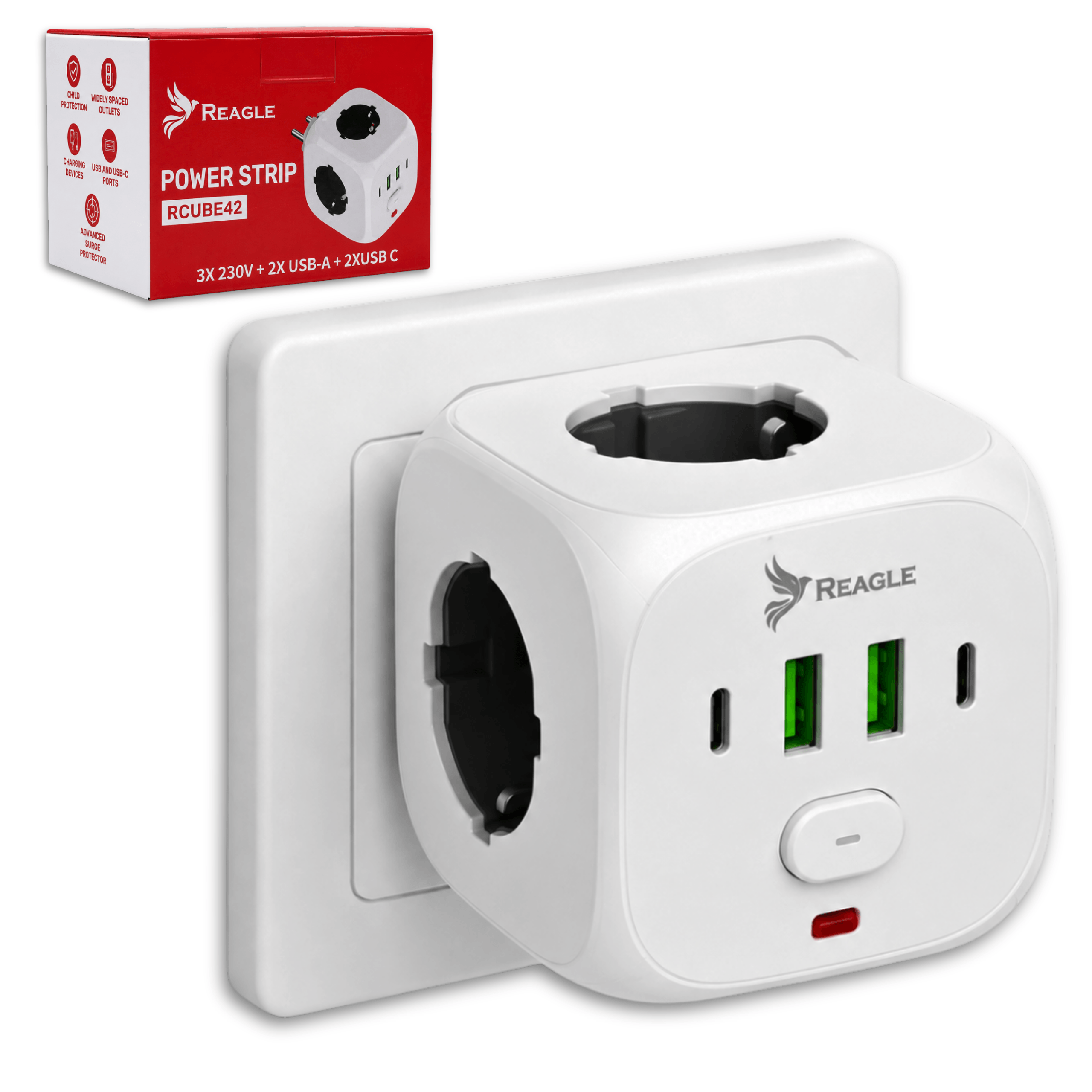 Biały adapter podróżny z dwoma portami USB-A, dwoma USB-C i gniazdami.