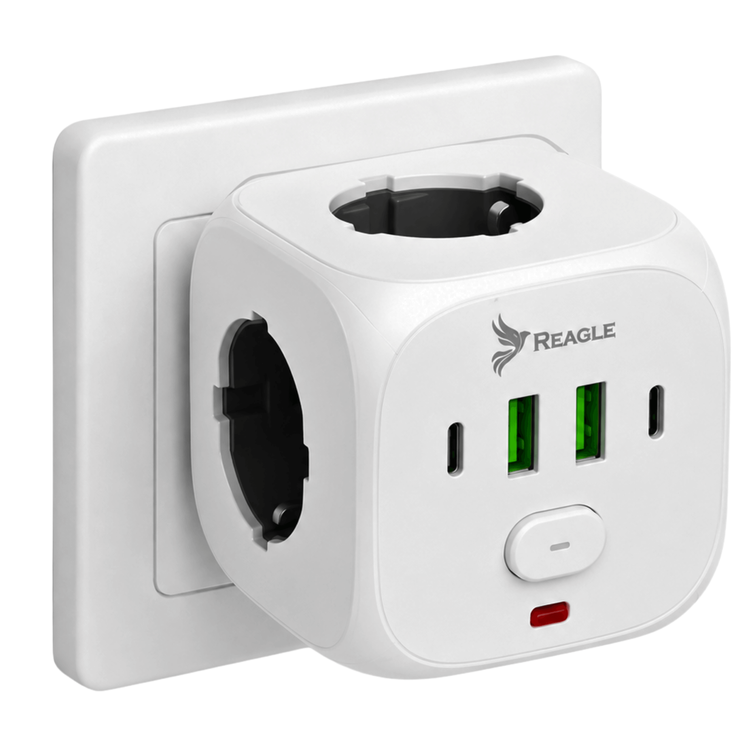 Biały adapter podróżny z dwoma portami USB i wtyczką sieciową.