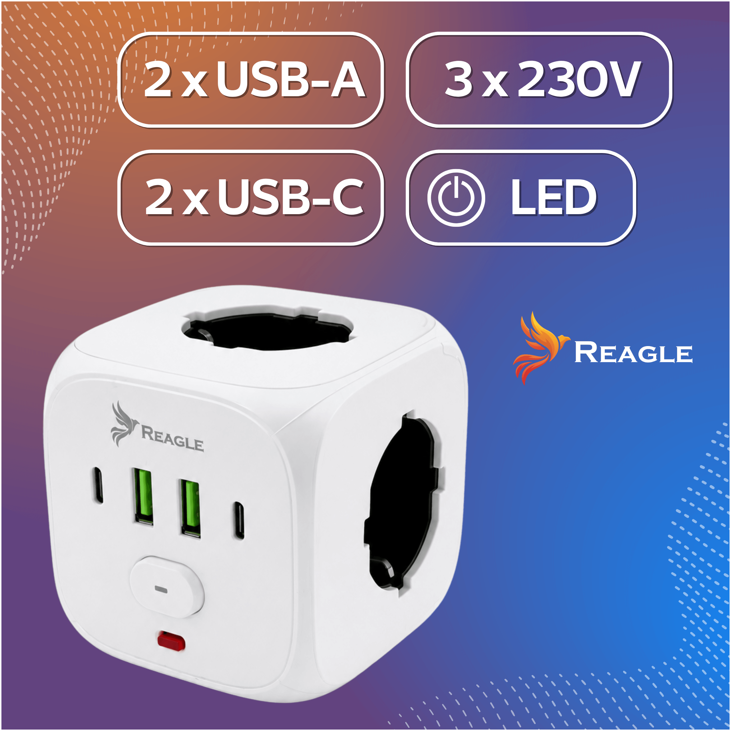 Biały adapter podróżny w kształcie sześcianu z 2x USB-A, 2x USB-C, 3x 230V i LED.