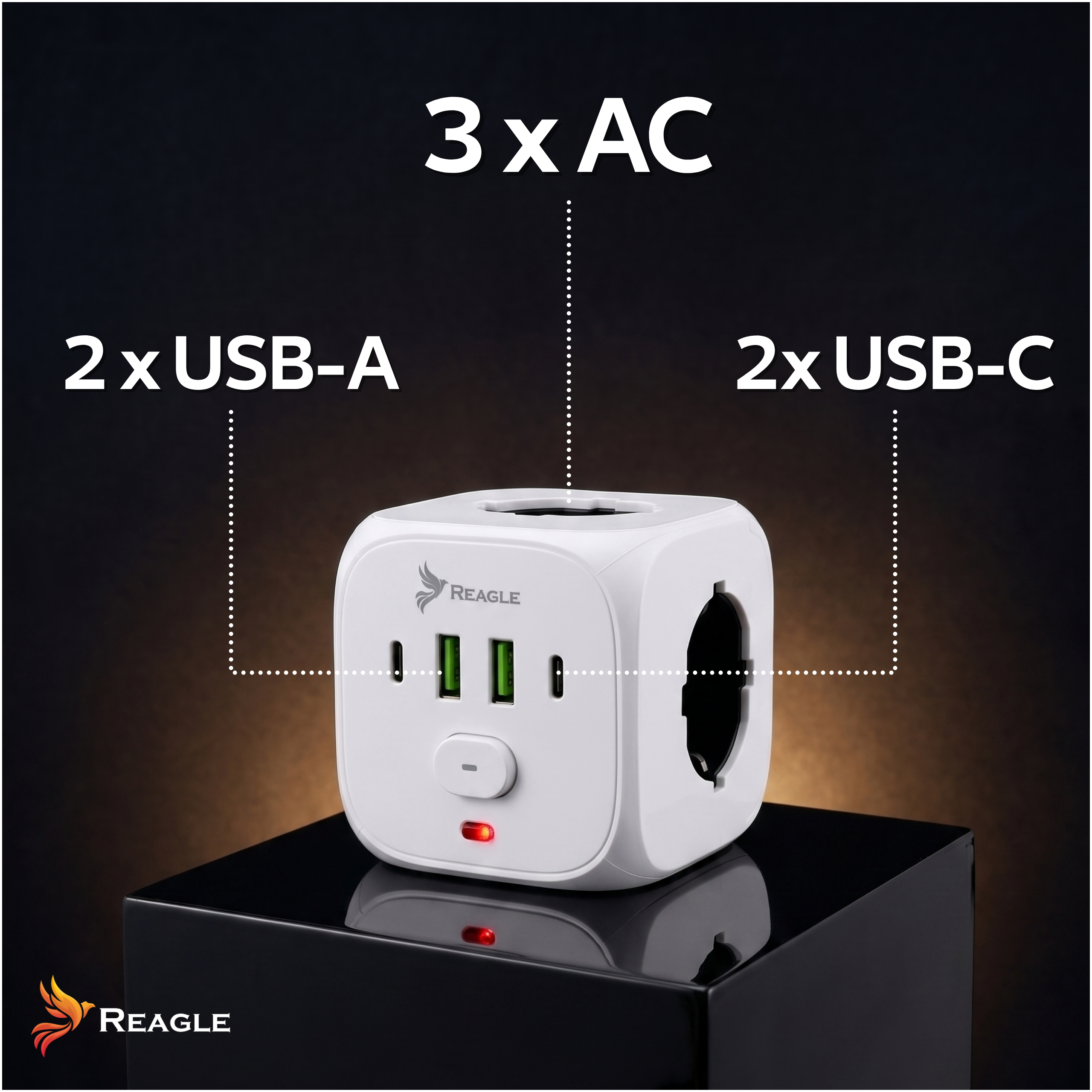 Biały adapter sześcienny z 3 portami AC, 2 USB-A i 2 USB-C.
