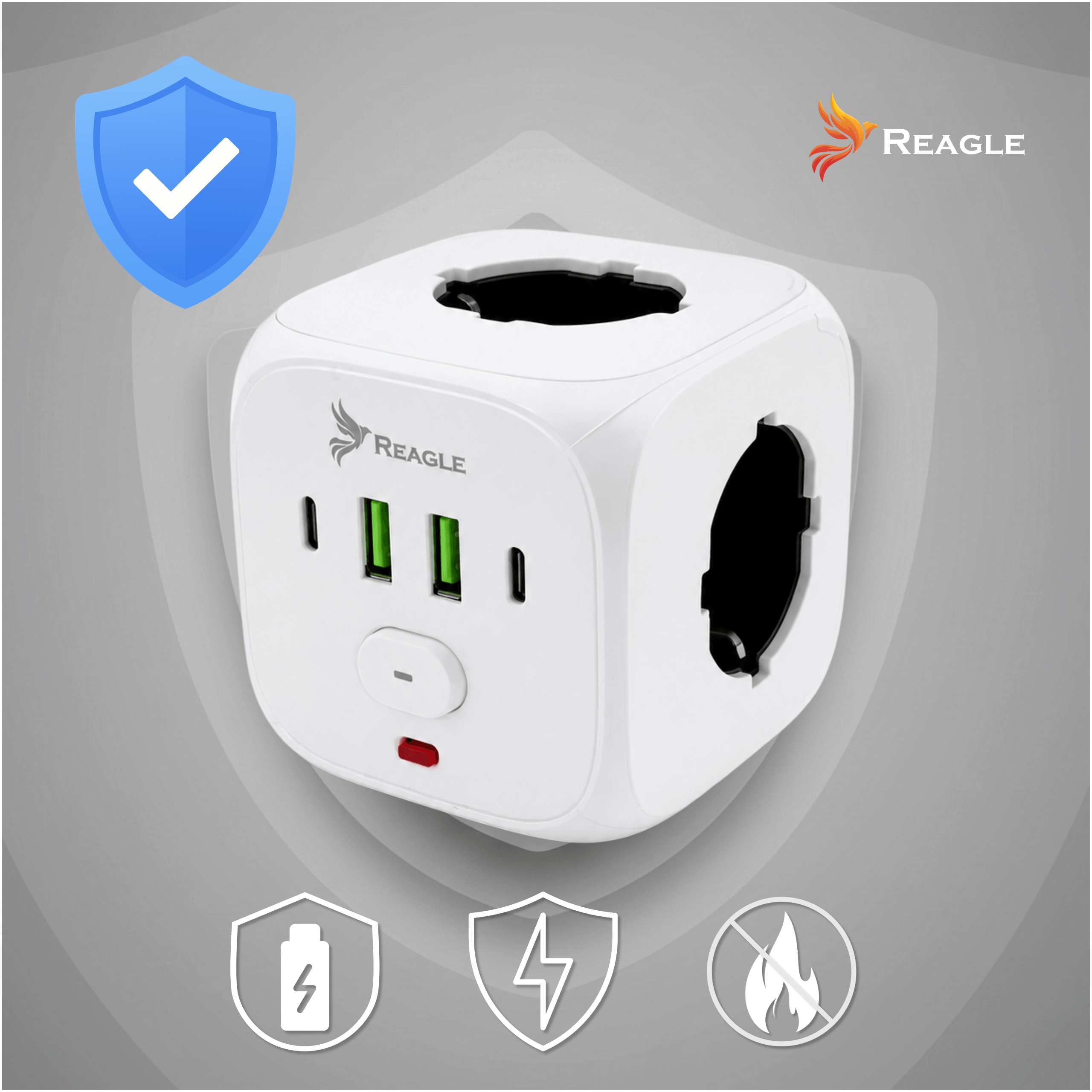 Biały adapter sześcienny z portami USB i ikonami bezpieczeństwa.