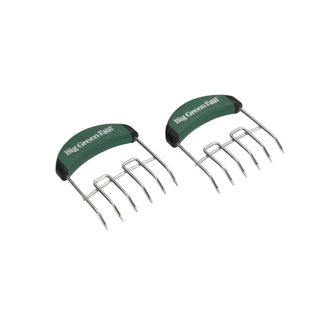 Gümüş uçlu, "Big Green Egg" yazılı iki yeşil et pençesi.