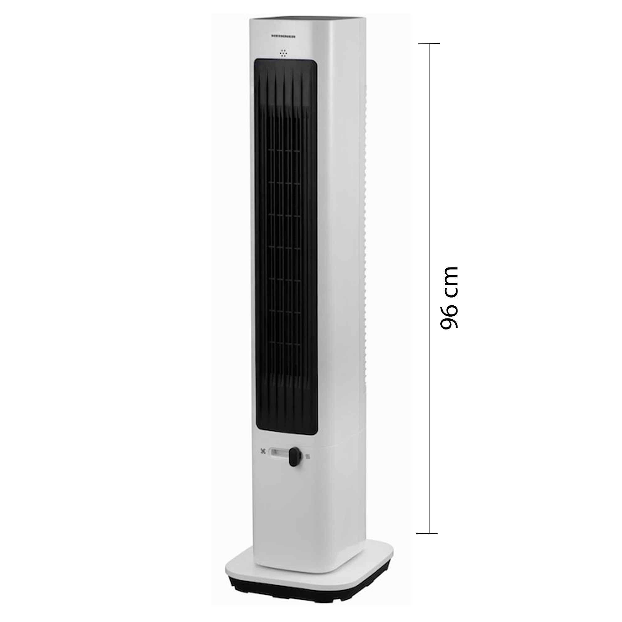 Ein weißer Turmventilator mit schwarzem Lüftungsgitter und Bedienelementen.