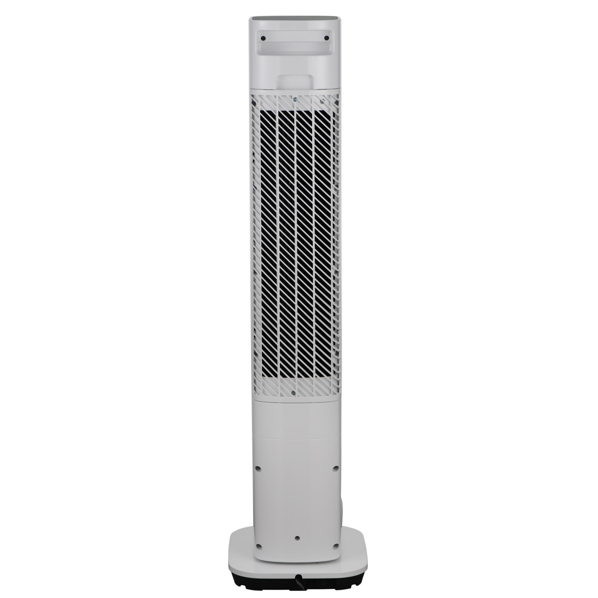 Ein weißer Turmventilator mit schwarzem Lüftungsgitter und Sockel.