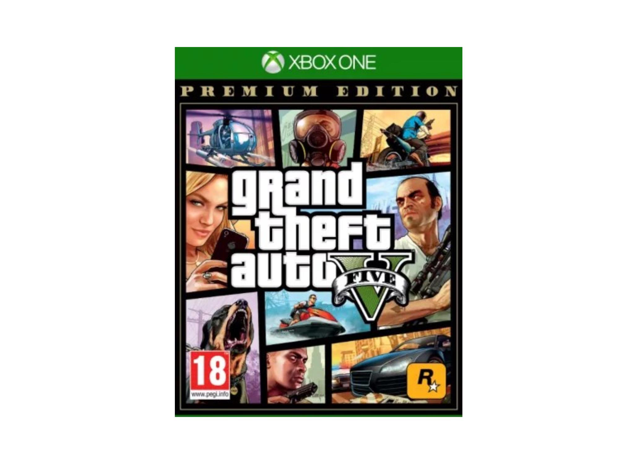 Okładka Xbox One Grand Theft Auto V Premium Edition. Helikopter, maska gazowa, motocykl, kobieta, mężczyzna, pies, skuter wodny, samochód.