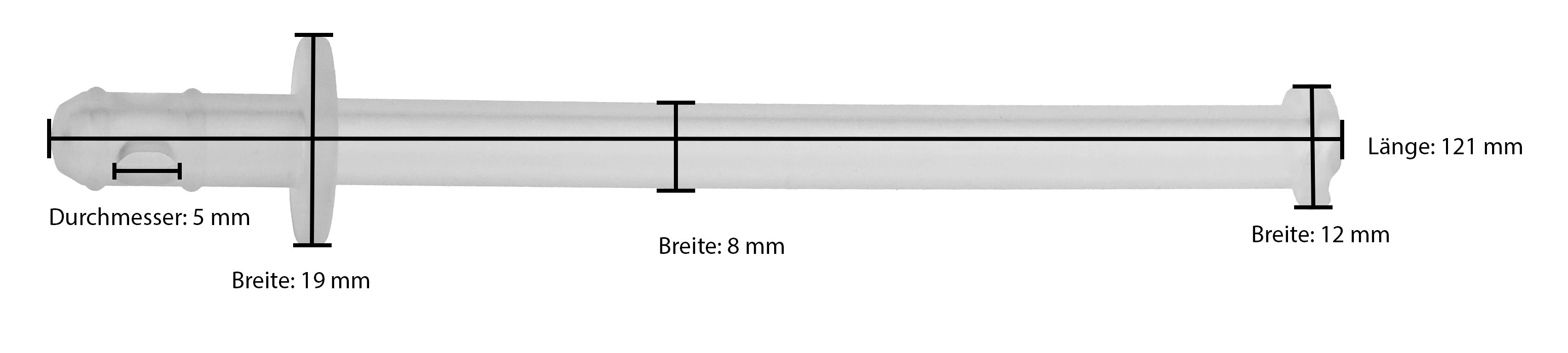 Ein weißes, zylindrisches Objekt mit Maßen: Länge 121 mm, Durchmesser 5 mm, Breite 19 mm, 8 mm und 12 mm.