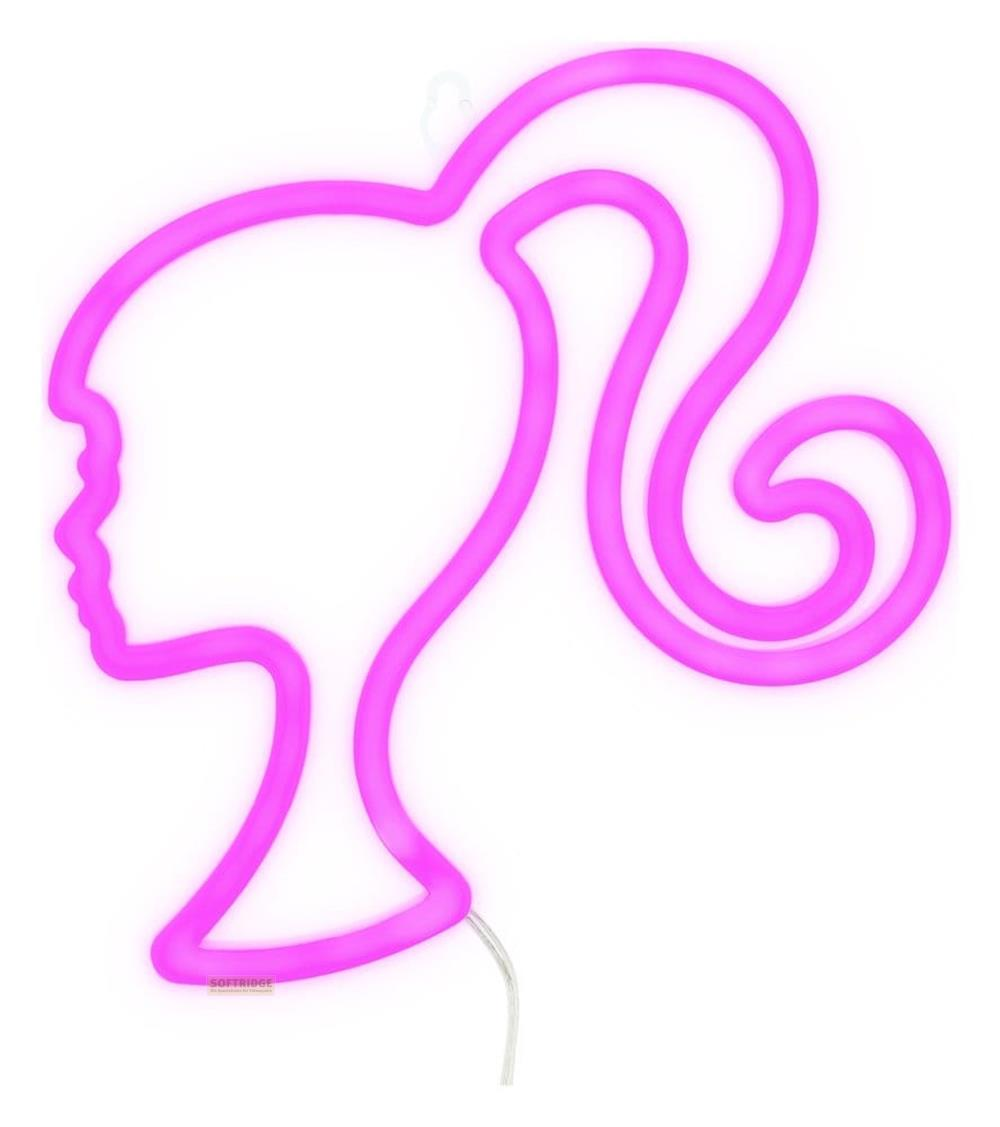 Una luz de perfil de cabeza de Barbie de neón rosa sobre fondo blanco.