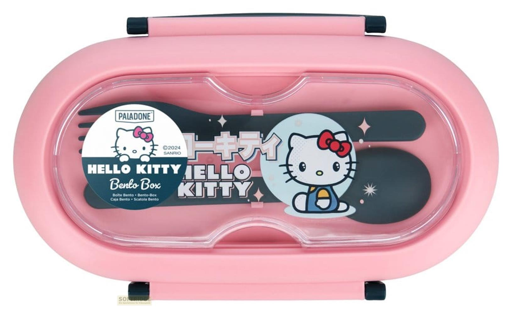 Eine rosa Hello Kitty Bento-Box mit Gabel und Löffel.