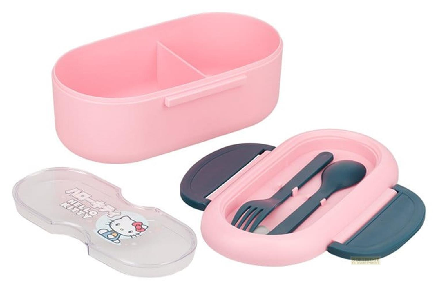 Pinke Hello Kitty Bento-Box mit dunkelblauem Besteck und Deckel.